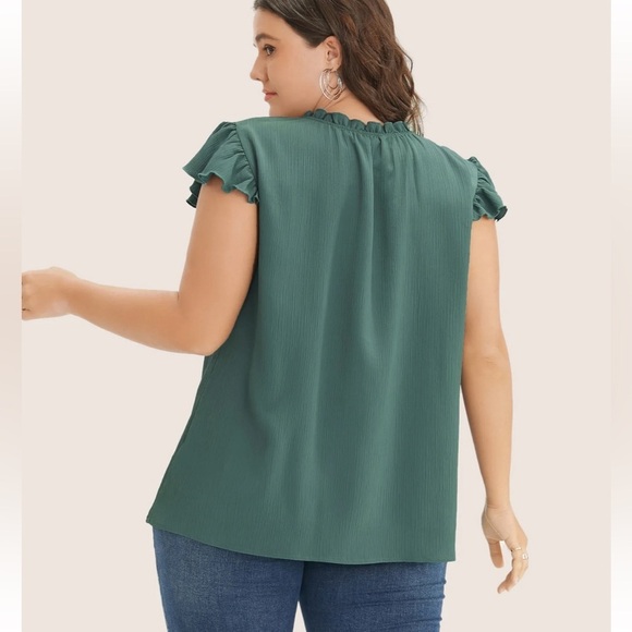 Bloomchic Plain Mock Neck Cap Sleeve Ruffle Trim Mint Blouse - Picture 3 of 7
